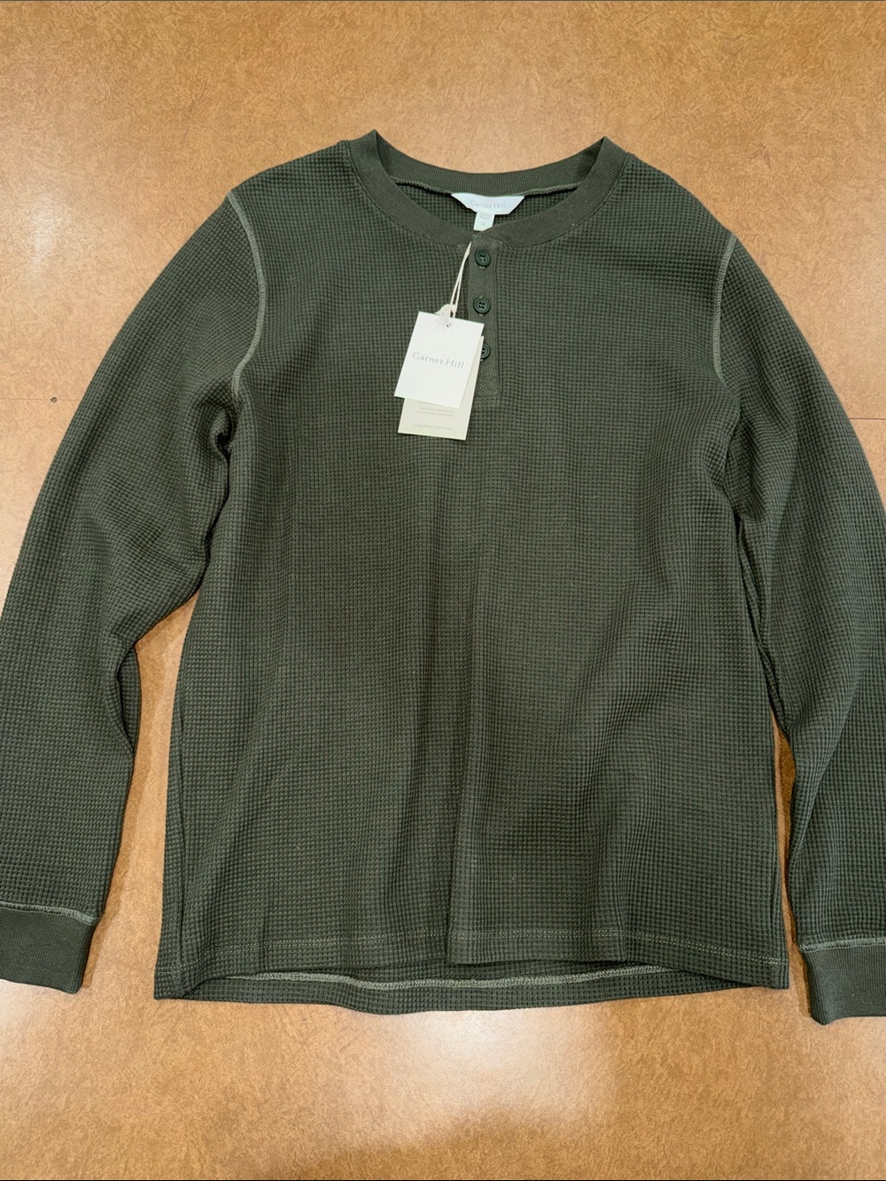 NWT Garnet Hill Dark Olive Waffle Textured Henley Long Sleeve • Organic Cotton
